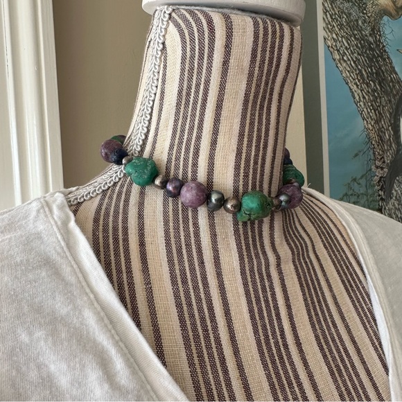 Chunky Turquoise Pearl Lapis Lazuli Natural Gemstone Peacock Choker Necklace - Picture 3 of 16